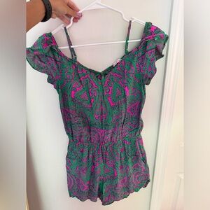 Pink and green printed off the shoulder romper